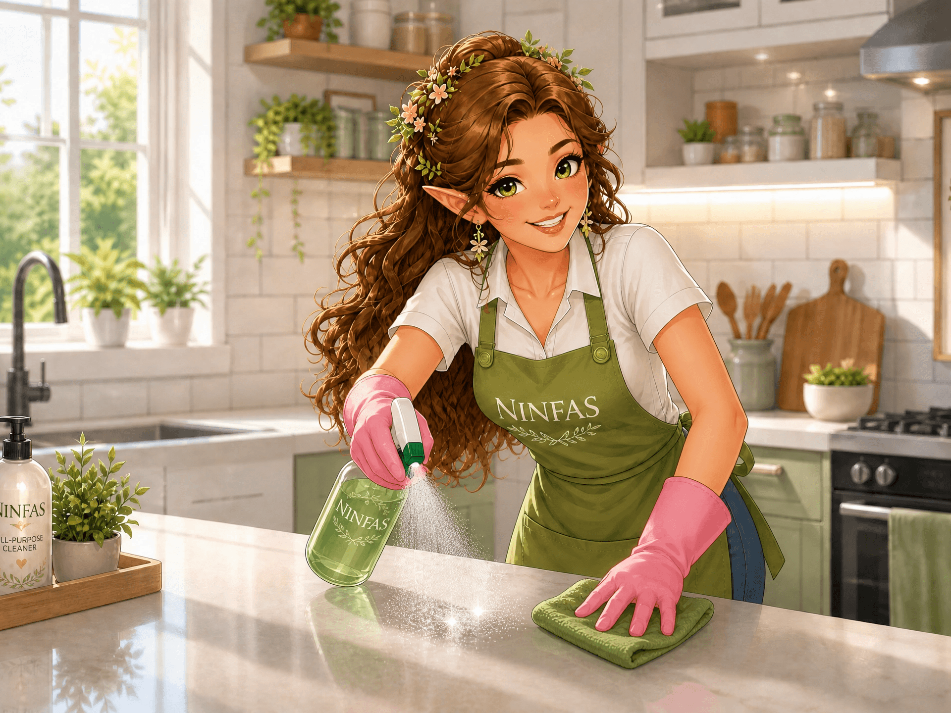 Ninfas profesional limpiando el mesón de una cocina